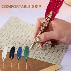 Feather Calligraphy Pen for Beginner, Antique Quill Pen with 5 Replaceable Nibs for Writing, Drawing, Wedding Invitation
