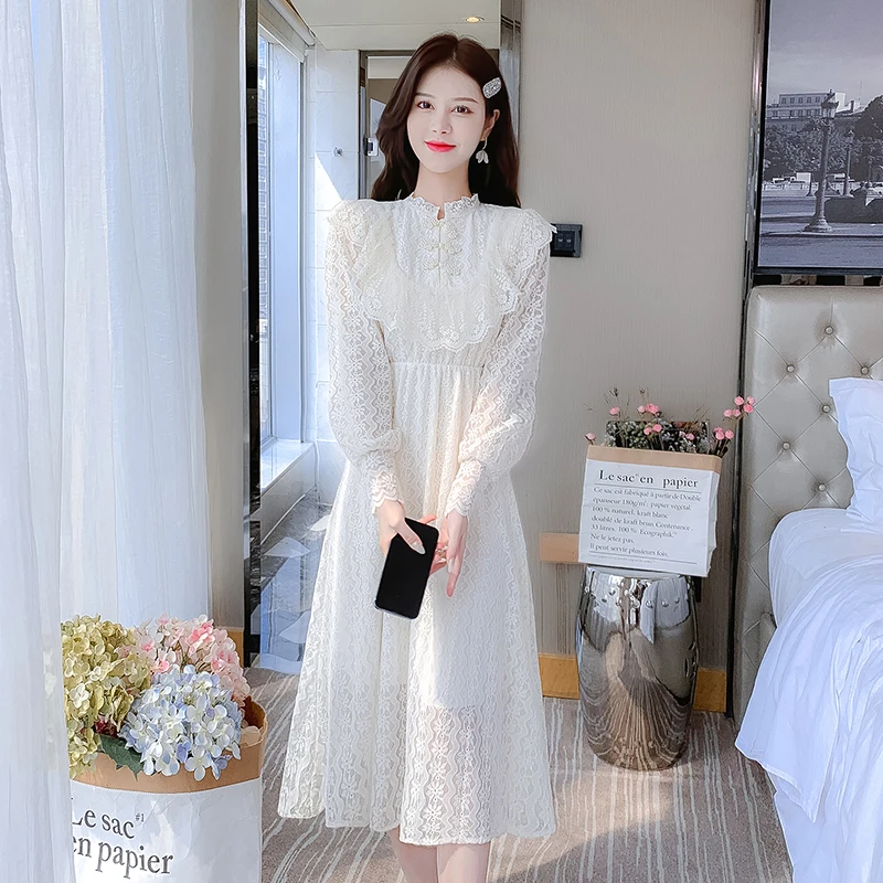 Elegant Sweet Vintage Solid Lace Women Midi Dresses for 2023 New Autumn Fashion Long Sleeved Cute Party Birthday Fairy Dress