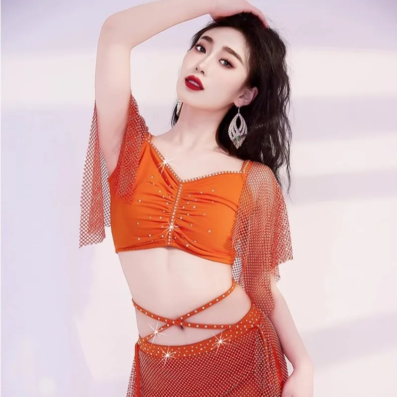 Trajes de dança do ventre personalizados brilhando conjunto de vestido de performance de dança oriental vestido de prática top de malha e saia