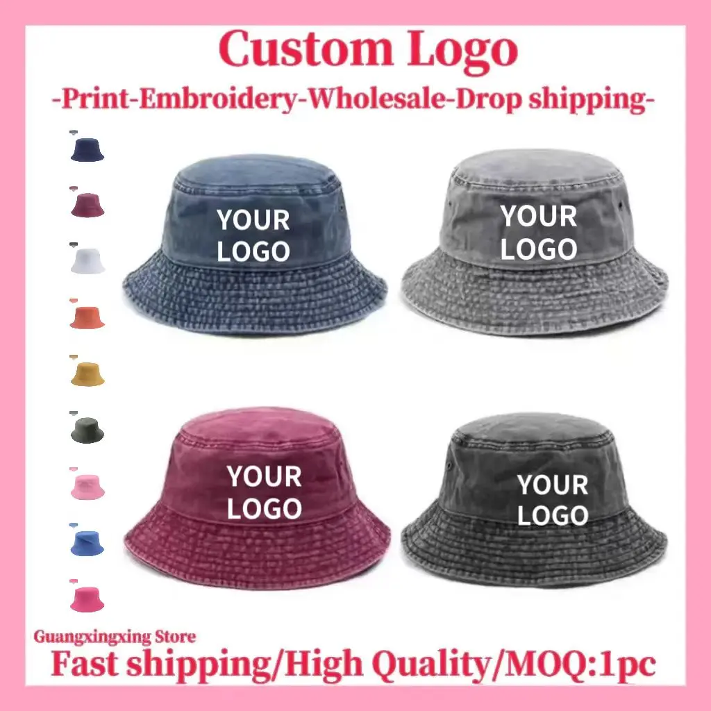 Customized Logo bucket hat for men and women design embroidery printing DIY summer fisherman hat wash jeans hat cotton unisex