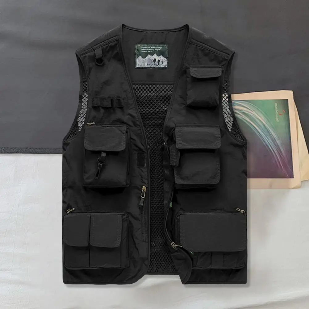 Multi-pocket Vest Men Outdoor Vest Solid Color Men's Outdoor Vest with Multi-pocket Design Removable Back Cloth for Fishing