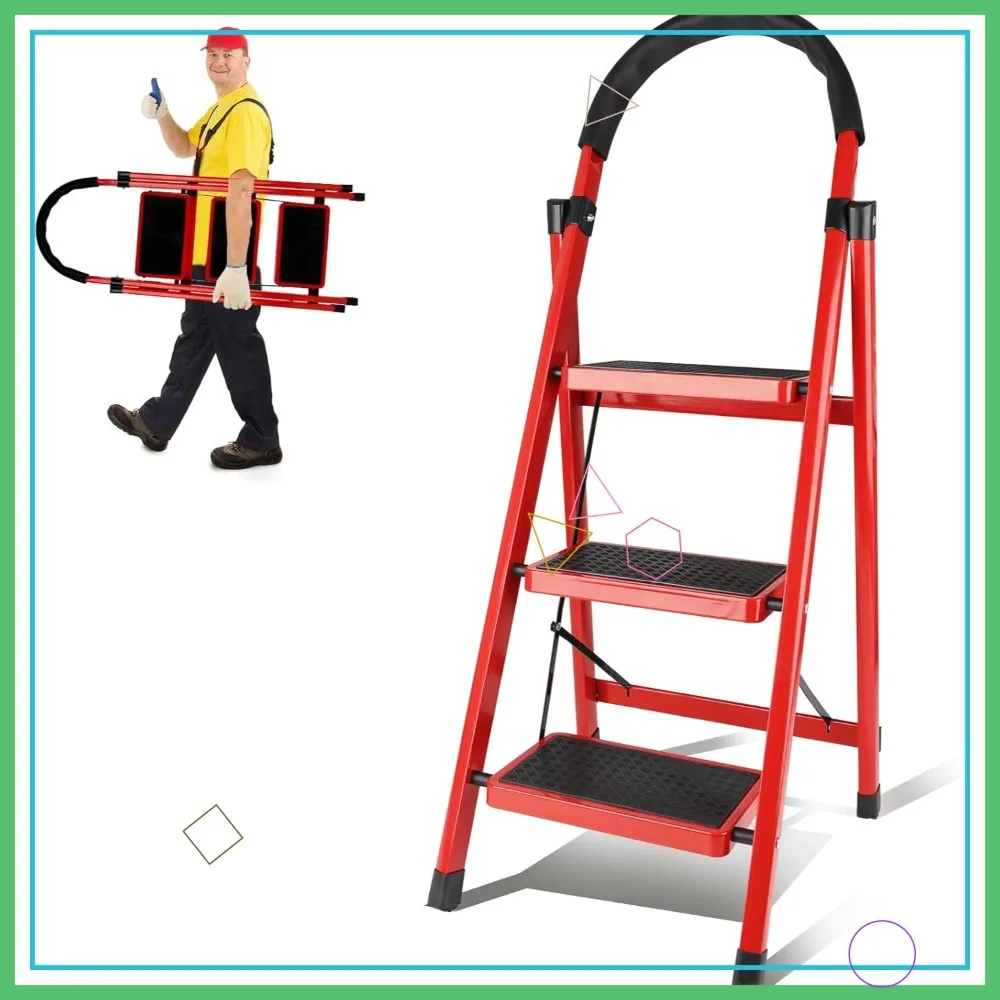 

3 Step Folding Ladder with Anti-Slip Pedals, Cushioned Handrail & Safe-Lock, Heavy Duty Portable Stool for Home Kitchen