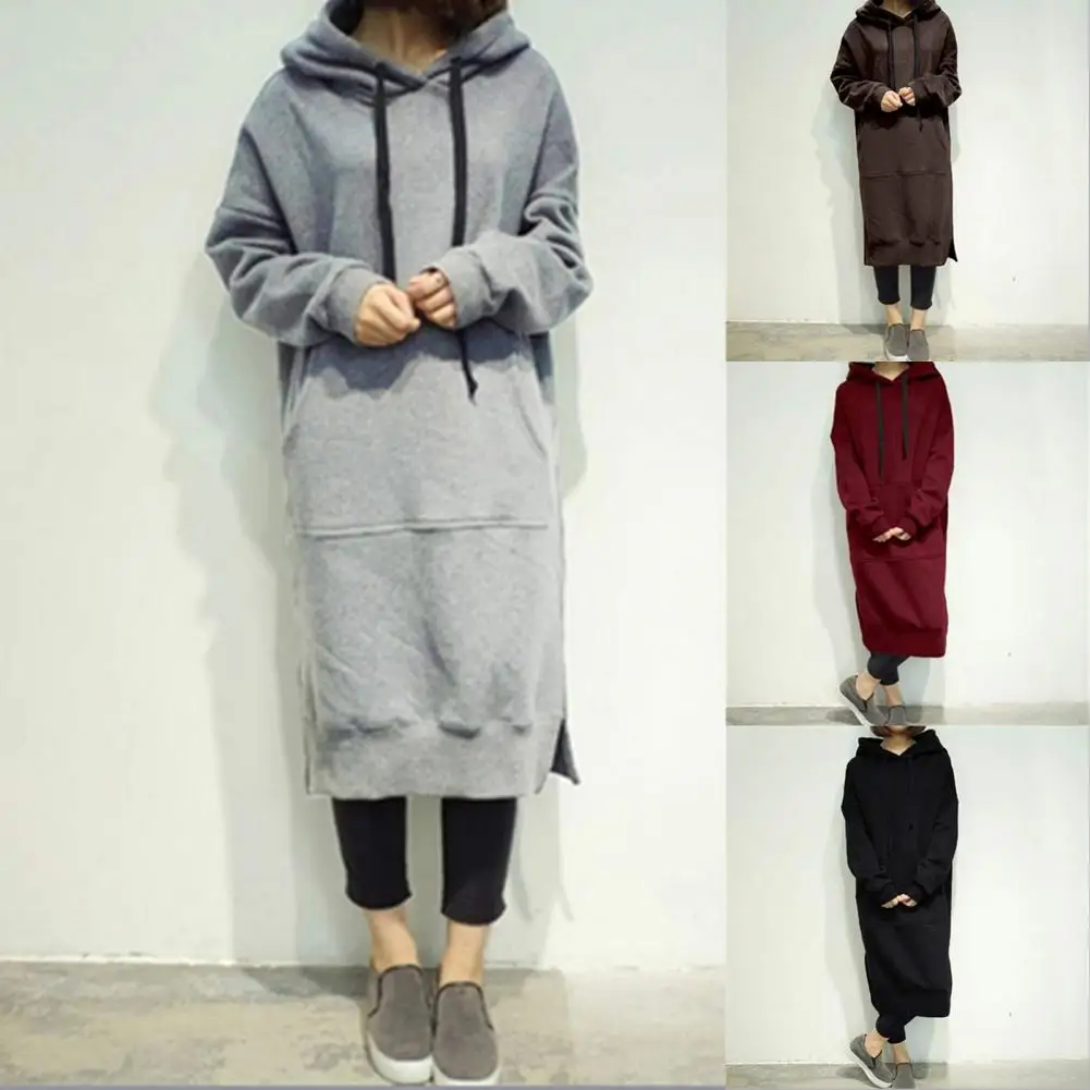 Hoodie Dress Patch Pocket Split Hem Solid Color Pullover Long Dress Casual Wear Winter Warm Drawstring Hooded Sweatshirt Women C