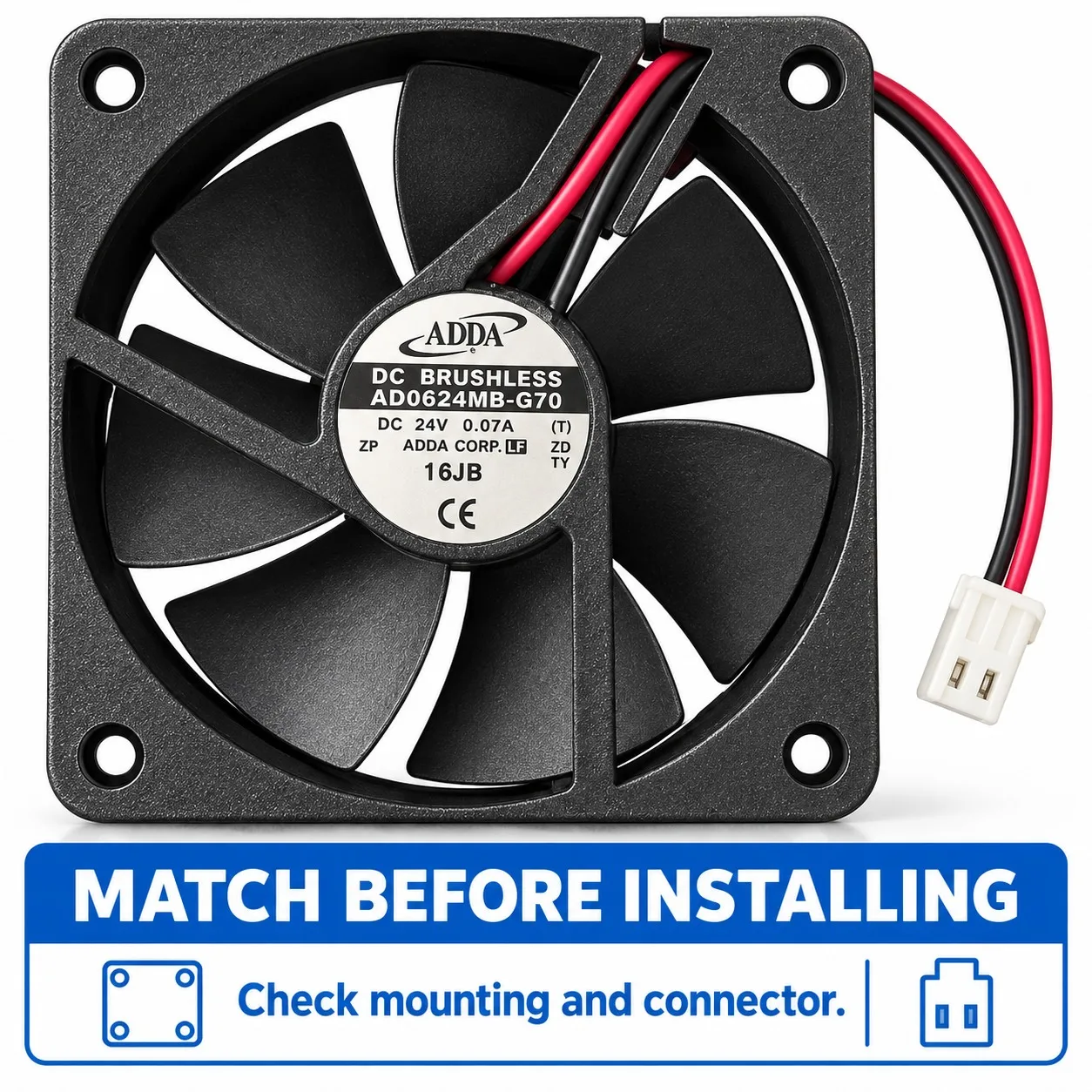AD0624MB-G70 DC Cooling Fan 60x60x10mm 6010 24V 0.07A 2-Wire for ADDA