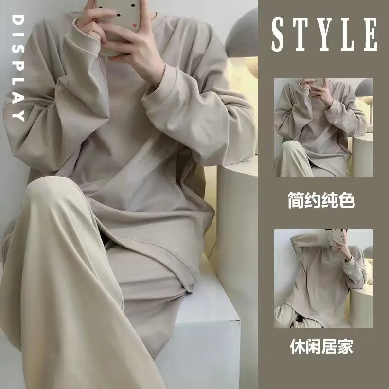 Two Sets Of Autumn And Winter New Solid-Coloured Women\'s Pajamas Round Neck Casual Homewear Suit Large Size Loose Homewear