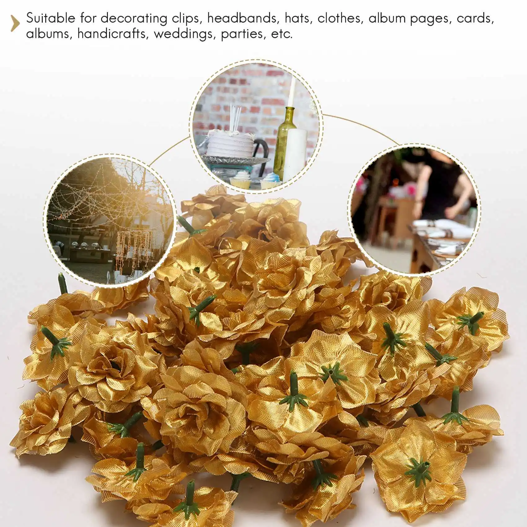 A06RP 50 pcs Silk Roses Artificial Wedding Clips Wedding Decoration Flower Head (Golden)