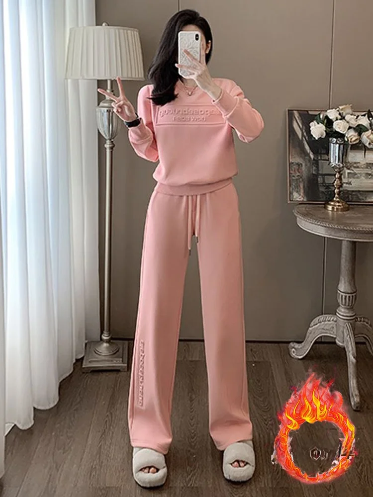 

Розовый комплект широких брюк на подкладке, женская повседневная спортивная одежда, костюм из двух предметов, осенне-зимний модный молодежный свитшот