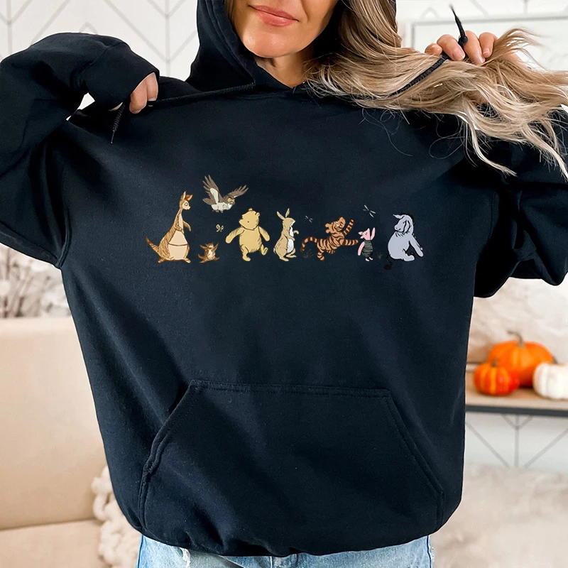 くまのプーさんと友達プリントパーカー女性のためのかわいいディズニーグラフィックスウェットシャツ長袖プルオーバーレディースストリートトップス