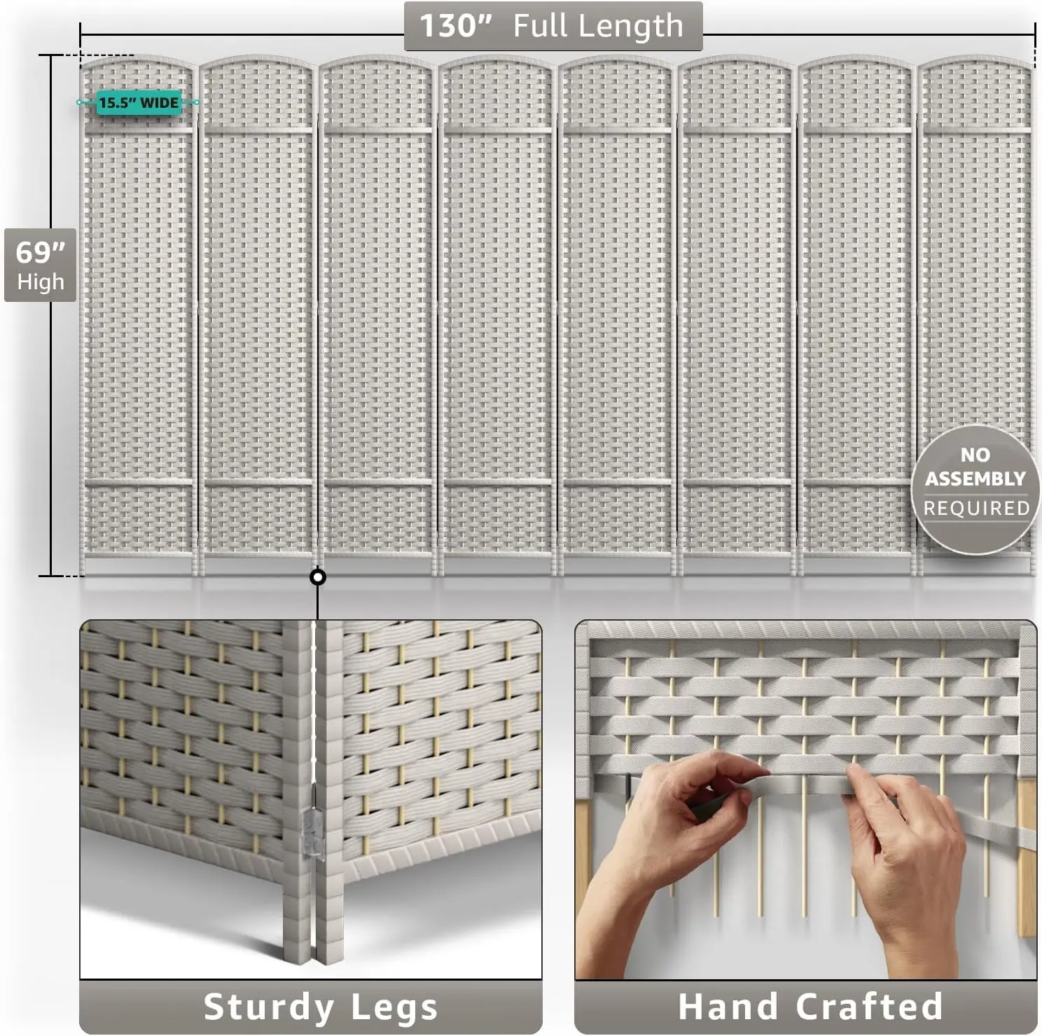 8 Panel Room Divider 6 ft. Tall - Privacy Screen, Extra Wide Double Hinged Panels, Mesh Hand-Woven Design, Partition Room