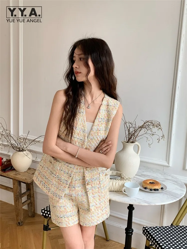 

Chic Spring Summer Light Yellow Women Tweed Sets V-Neck Sleeveless Vest Two-Piece Set Work Lady Above Knee Length Shorts Outfits