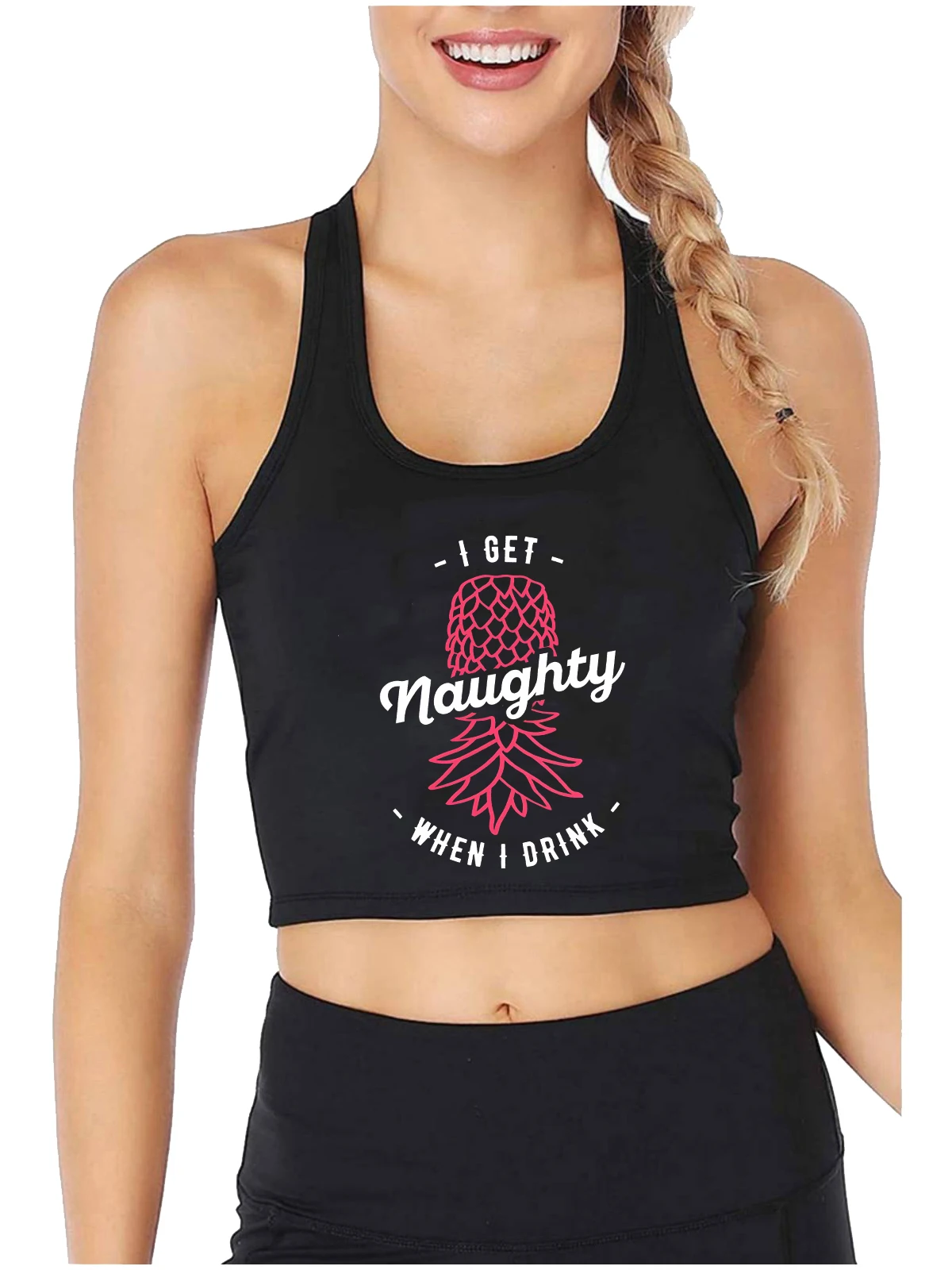 Upside Down Pineapple I Get Naughty When I Drink Design Crop Top Swinger Playful Cotton Tank Top Hotwife Humor Flirting Camisole