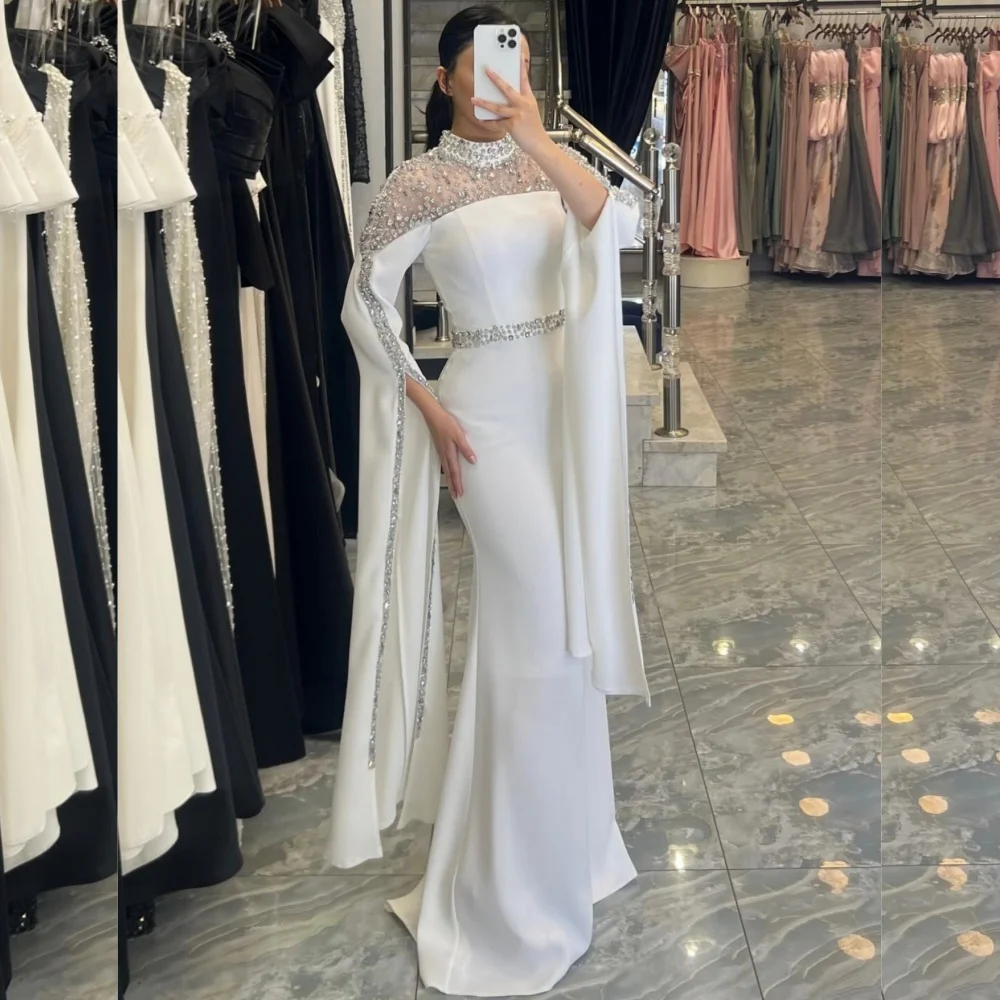 Customized Classic Exquisite Jersey Sequined Pleat Trumpet High Collar Long Dresses Bespoke Occasion Sexy