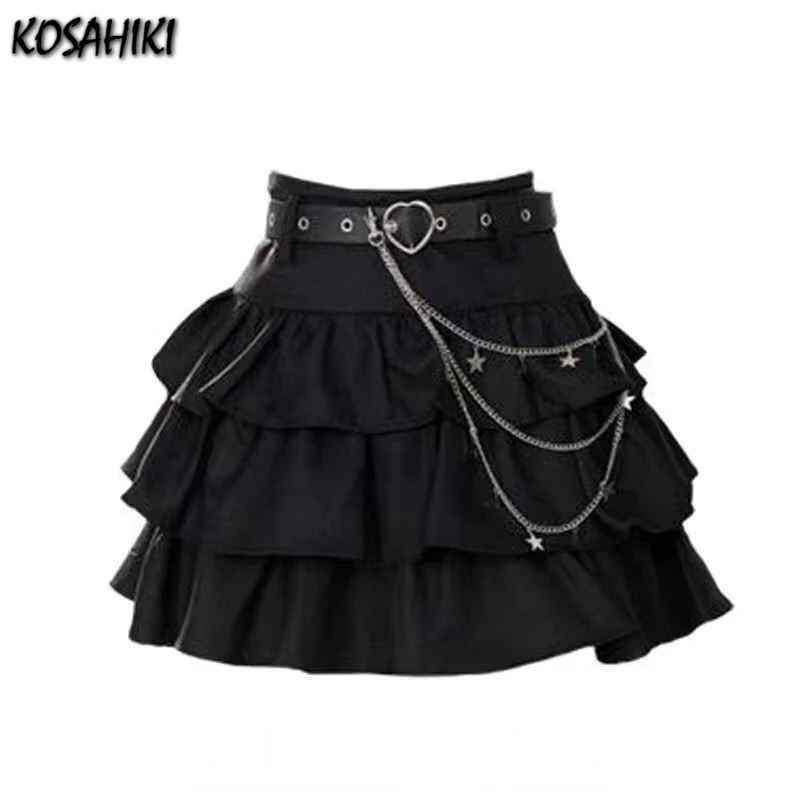 

Black Fairy Belt Vintage Skirts Women High Waist Slim A-line 2024 Autumn Ruffled Mini Skirt Woman Chain Kawaii Jupe Summer Sweet