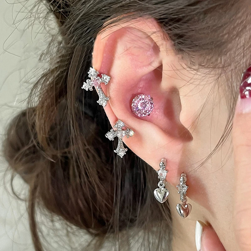 1pcs Shiny Cross Pink Zircon Silver Color 316L Stainless Steel Ear Bone Nail Y2K Hottie Earring for Women Cochlear accessories