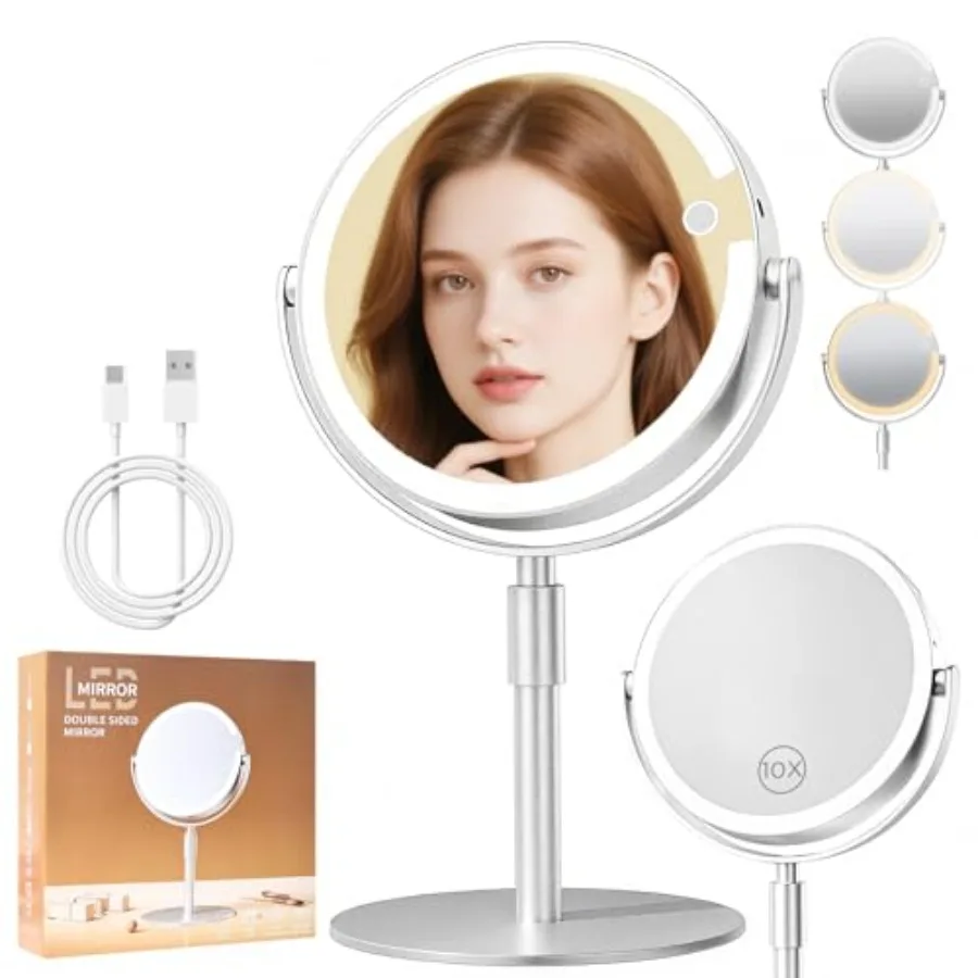 

Makeup Mirror with Magnification 1X/10X,8" Round Magnifying Vanity Mirror with Lights, Cordless Double Sided Light Weight Alumi