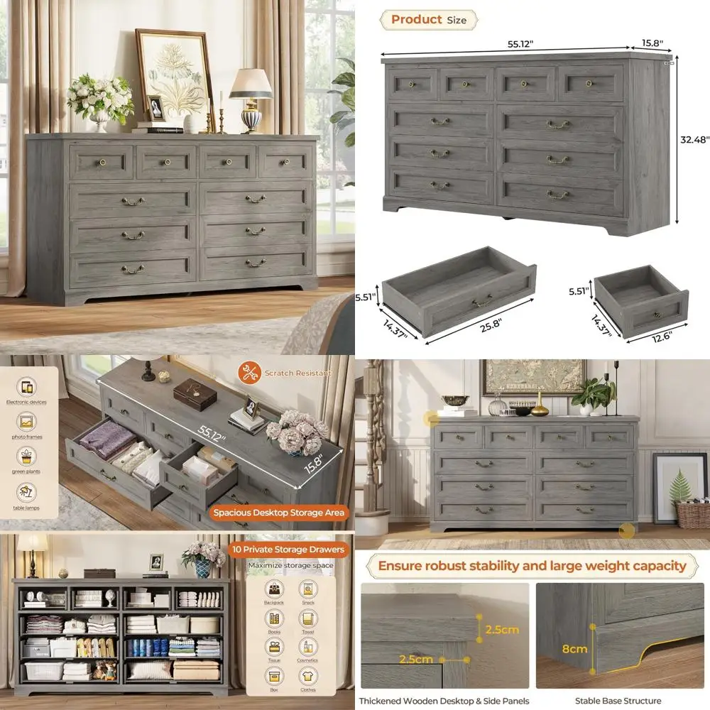 

10 Drawer Rustic Wood Bedroom Dresser with Deep Drawers, 55.1 Wide Storage Cabinet
