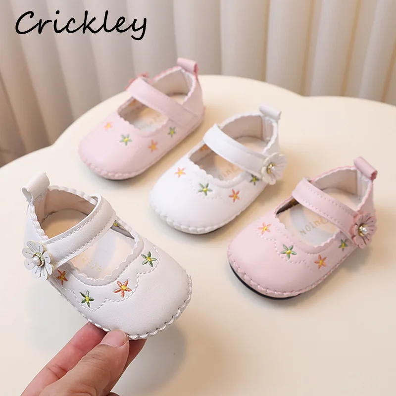 Flowers Embroider Baby Girls Flats Shoes PU Solid Toddler Children Mary Janes Hook Loop Anti Slip Infant Kids First Walk Shoes