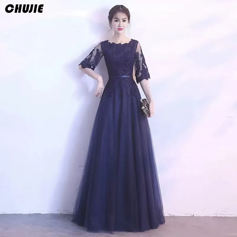 Navy Lace Mother of The Bride Dress Appliques Short Puffy Sleeves Prom Party Gowns Customized Women Custom Wedding Guest Dresses