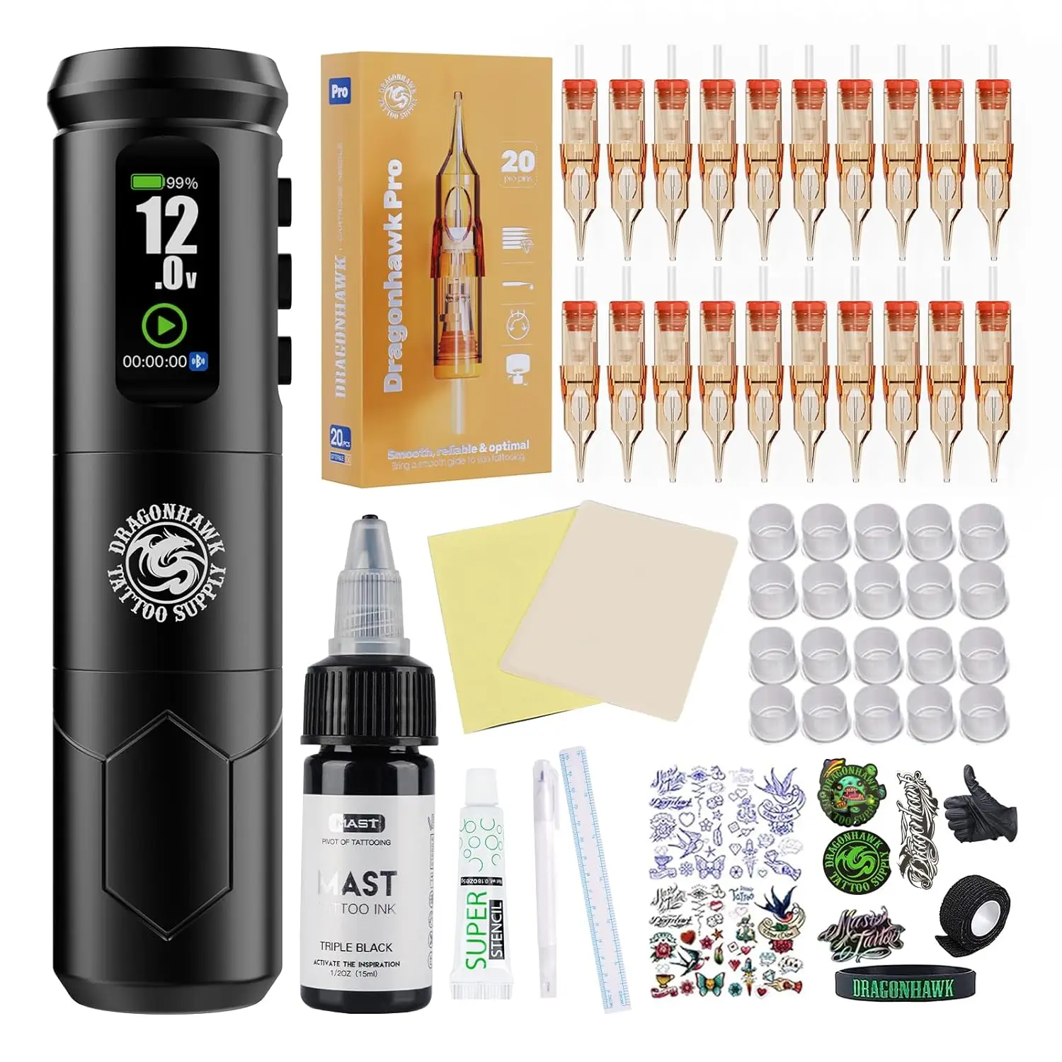 

Complete Cordless Tattoo Pen Kit for Beginners – 2000mAh Battery, 20 Needles, Ink & Practice Skin