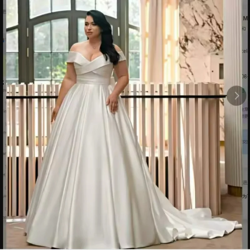 

Customized Off the Shoulder Satin Pleats A-Line Wedding Dress with Bow Robe De Mariée African Plus Size Vintage Bridal Gowns