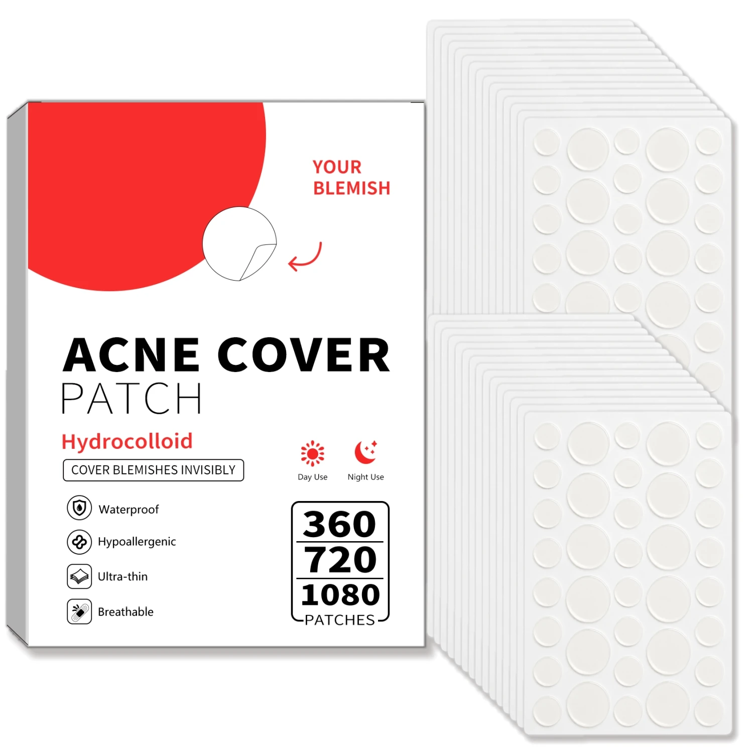 360/720/1080PCS Hydrocolloid Acne Cover Patches Invisible Ultra Thin Waterproof Blemish Stickers for Face Day Night Skincare