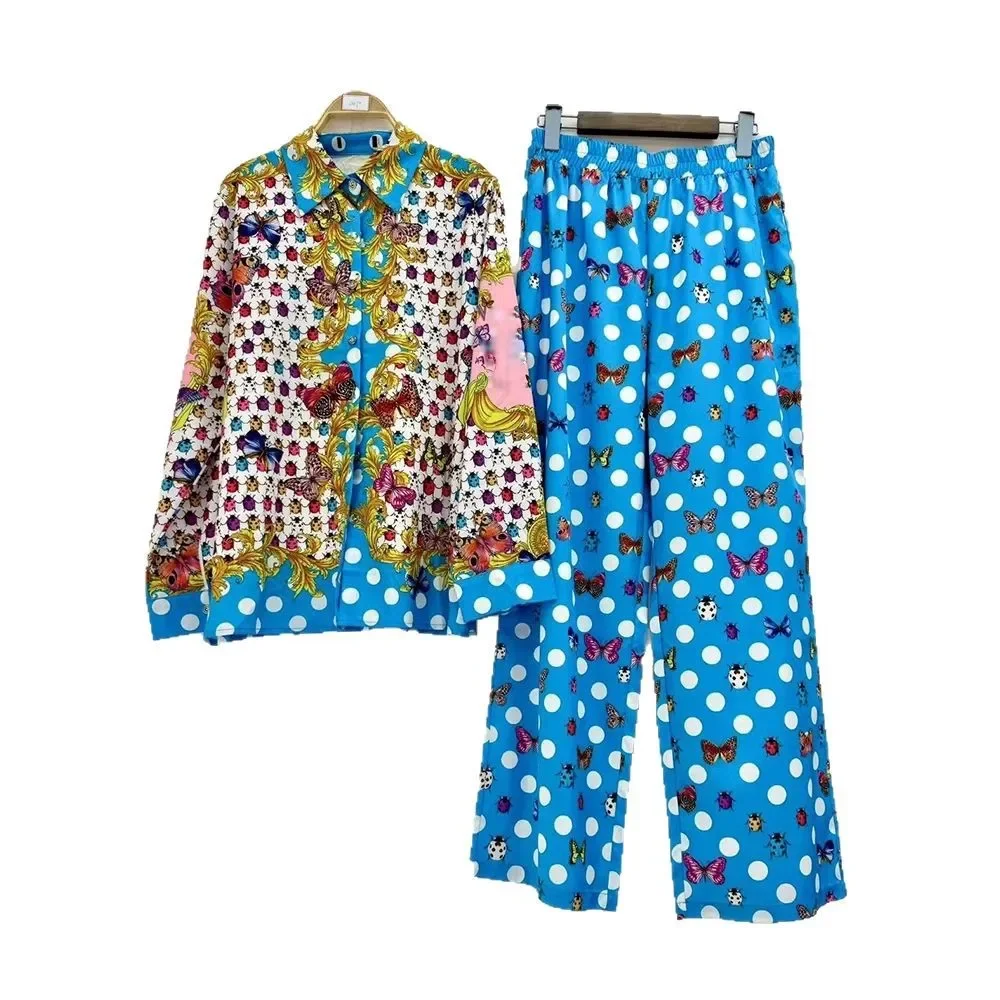 

Весенние комплекты из двух предметов для женщин: повседневный костюм с разноцветным принтом в горошек, свободная рубашка с отложным воротником и длинными рукавами, брюки с широкими штанинами на талии