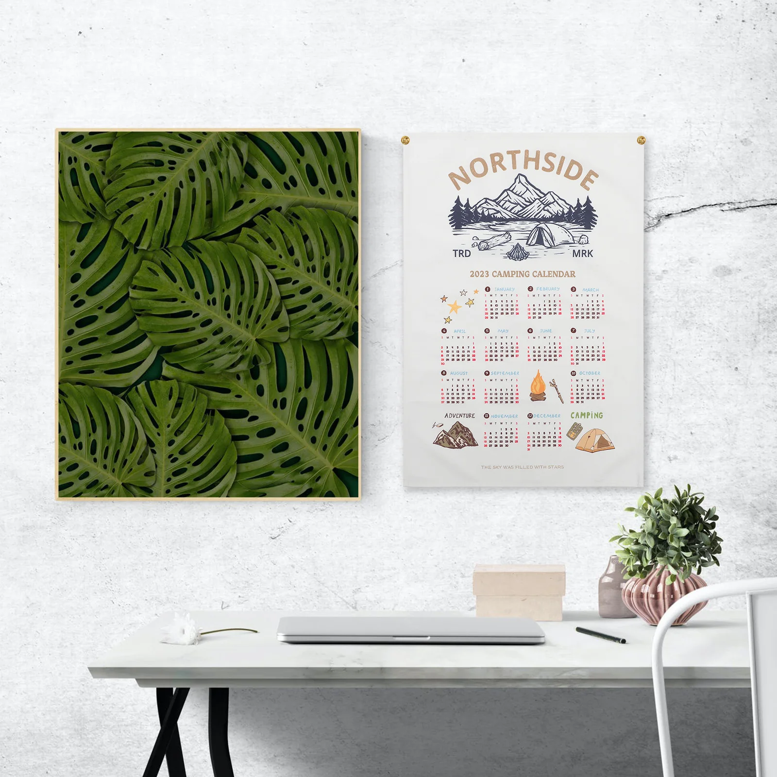 

Wall Calendar Hanging Cloth Photo Prop Decorative Background Bedside Dorm Room Camping Theme 2023 Lightweight White
