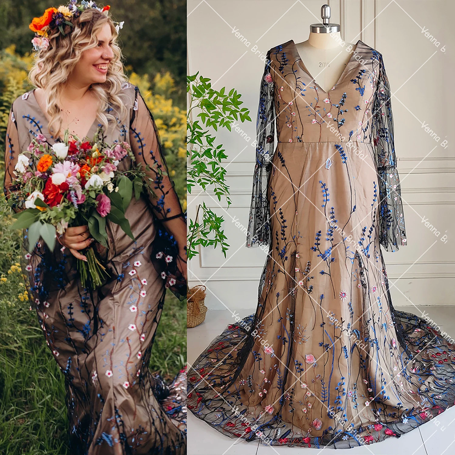 A Line Long Sleeves Floral Boho Wedding Dress Elopement Dress Hippie Botanical Embroidered Mermaid Lace Customized Bridal Gowns