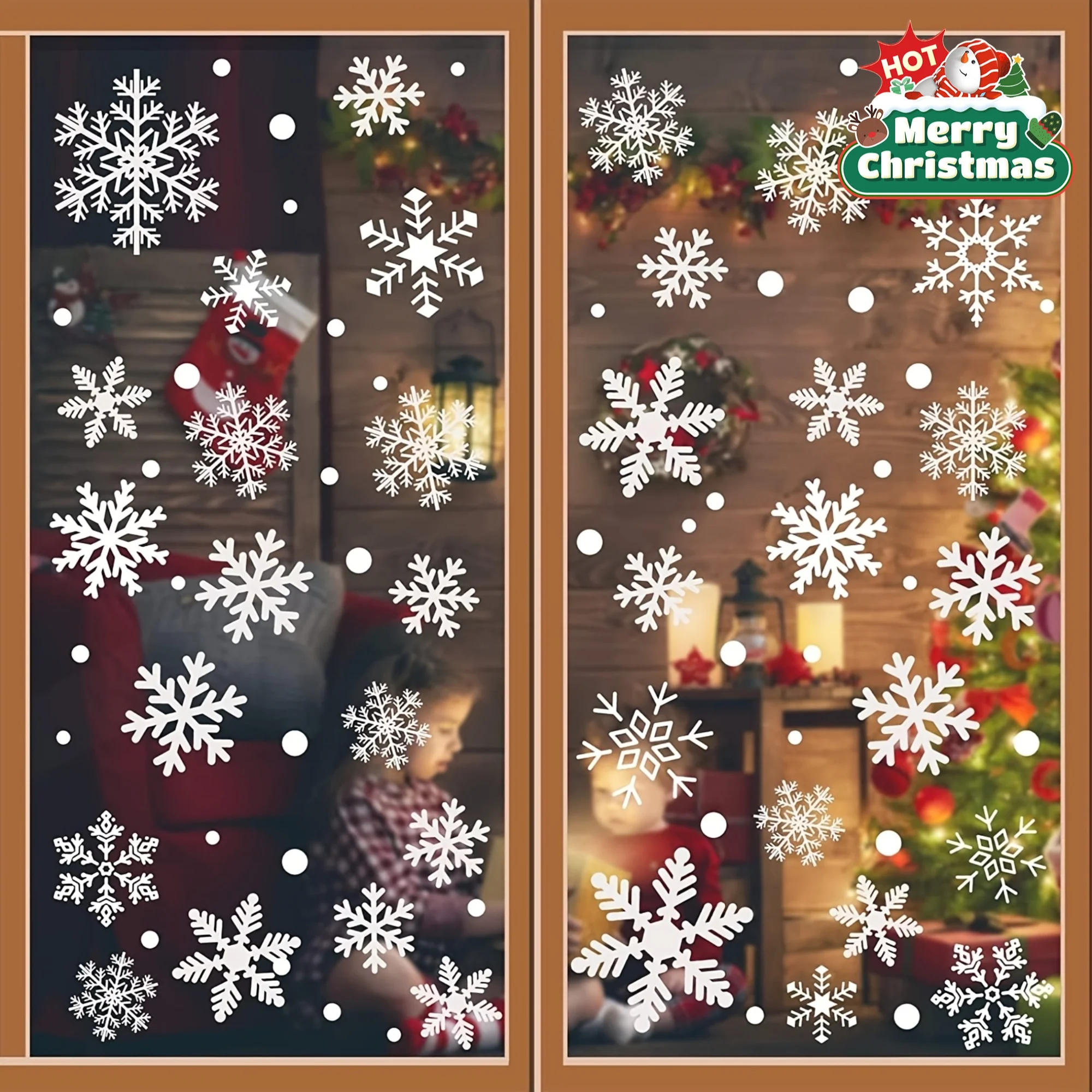 4 Blatt/Set statisch haftende weiße Schneeflocken-Fensteraufkleber, wiederverwendbar, glitzernde PVC-Aufkleber, abnehmbares Dekor mit mattiertem Effekt