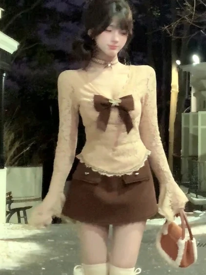 Harajuku Y2K الجمالية Harajuku البدلة الرجعية طويلة الأكمام بلايز تنورة خمر قطعتين مجموعة مساء حفلة الخريف سليم صالح أنثى جديد #4