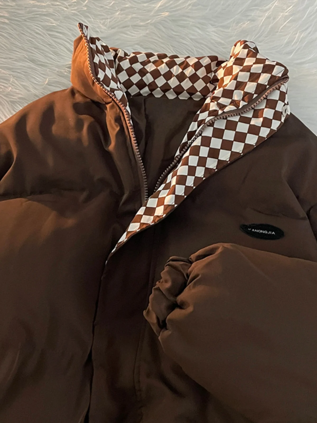 

Thiened Cotton Jaet Men's Plaid Trendy Korean Sle Casual Bread Sli Student Versatile Loose Fit Waterproof Zipper