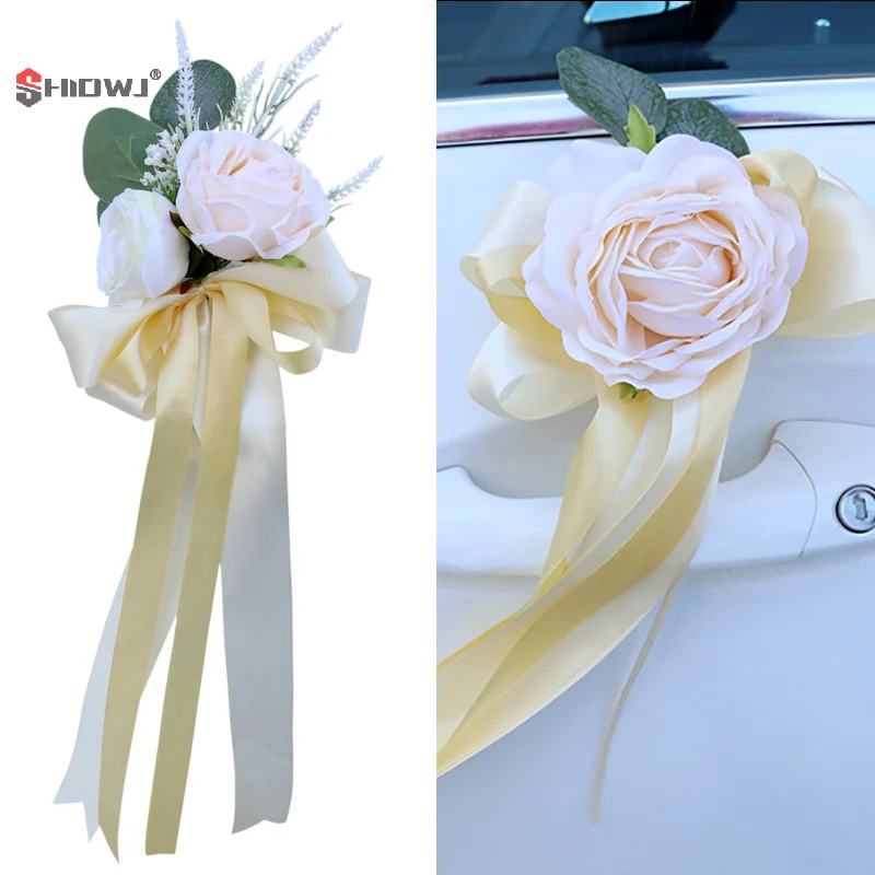 Creative Wedding Car Decor Flower Door Handles Rearview Mirror Decoration Rose Artificial Floral Accessories Marriage Props Gift