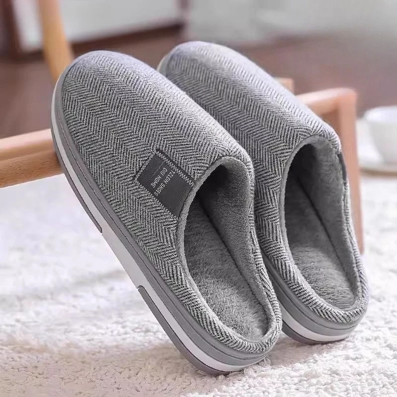 Men's Winter Cotton Slippers Plus Size Fleece Lined Warm Indoor Home House Non Slip Anti Odor Quiet Plush Soft Bedroom Shoes