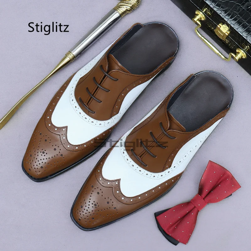 Men's Brogure Leather Shoes Closed Toe Muller Slippers Fashionable Classic Patchwork Oxford Square Head Business Office Shoes