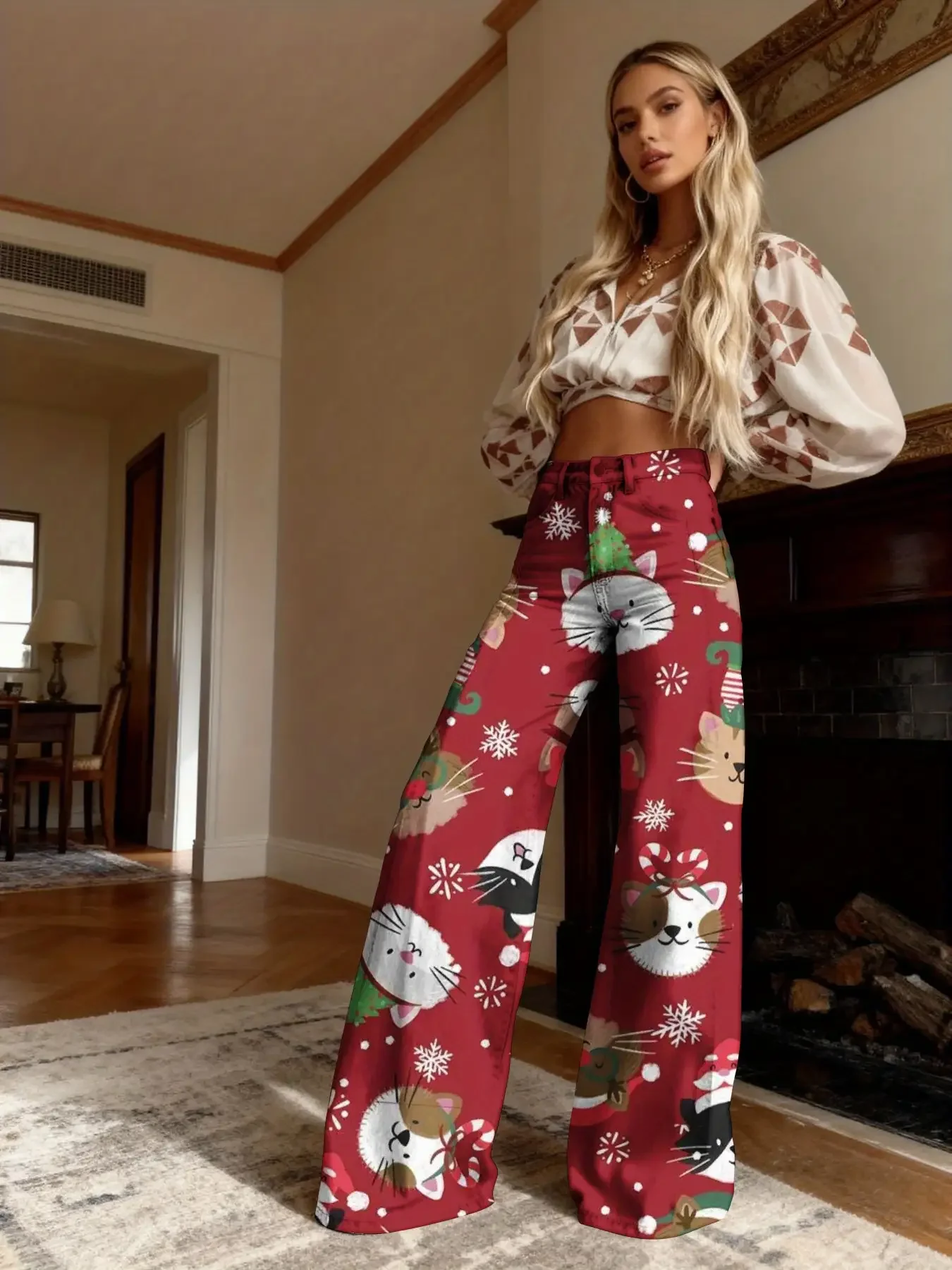 3D Women's Imitation Jeans Christmas Style Christmas Tree Bow Print High Waist Stretch