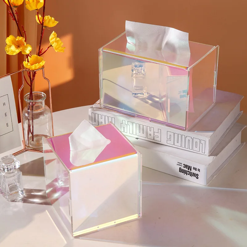 Acrylic Tissue Box Holder,Iridescent Tissue Box Dispenser for Facial Tissue,Napkins,Dryer Sheets,Bathroom,Desks,Vanity,Bedroom