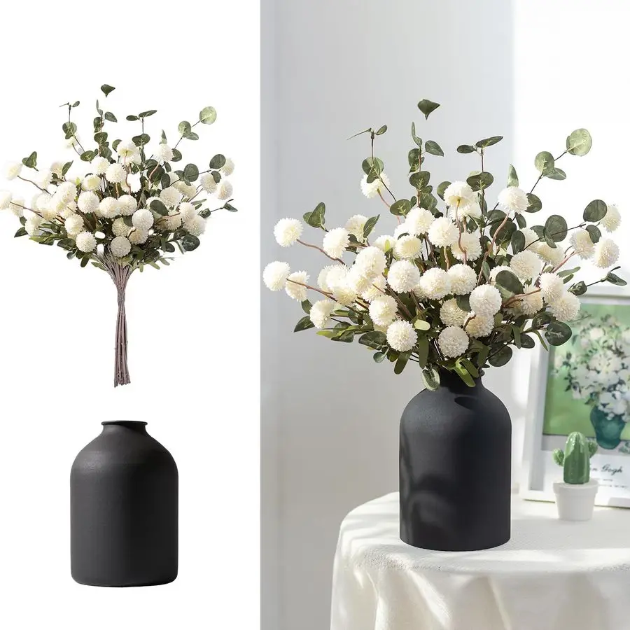 

Fake Flowers in Vase for Centerpieces Metal Vase with 12 Stems of Artificial Mums Kiku Flowers Eucalyptuses Home Table Decor Whi