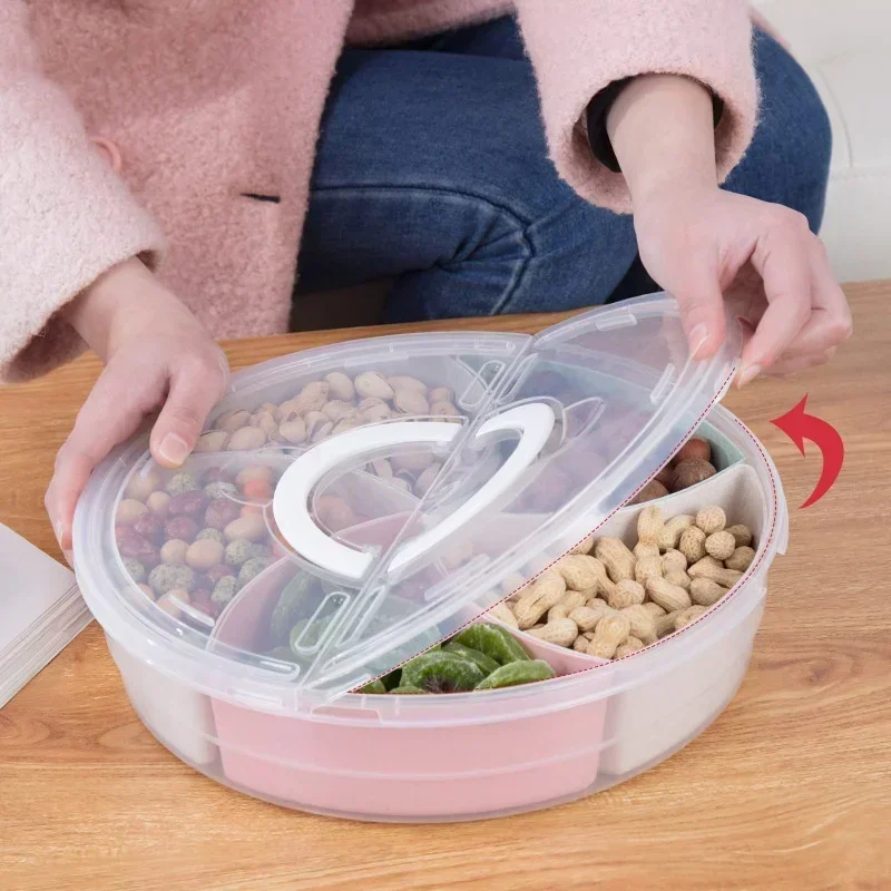 5-compartment Household Convenience Food Storage Box Candy Round Tray Snacks Dried Box Lid Compartments Removable Plate Tools