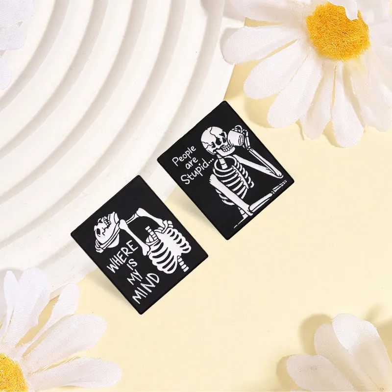 Where Is My Mind People Are Stupid Skeleton Badge Enamel Pin Gothic Halloween Skeleton Brooch Bag Lapel Badge Punk Jewelry Gifts