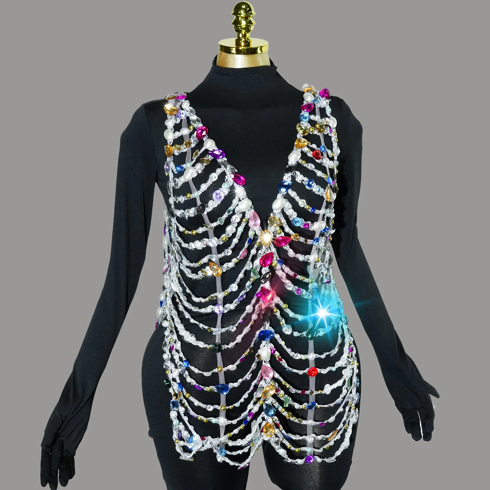 

Sexy polychrome Chain Crystals Hollow Dress Party Fashion Club Model Dresses Party Singer Stage pole dance Clothing drag queen