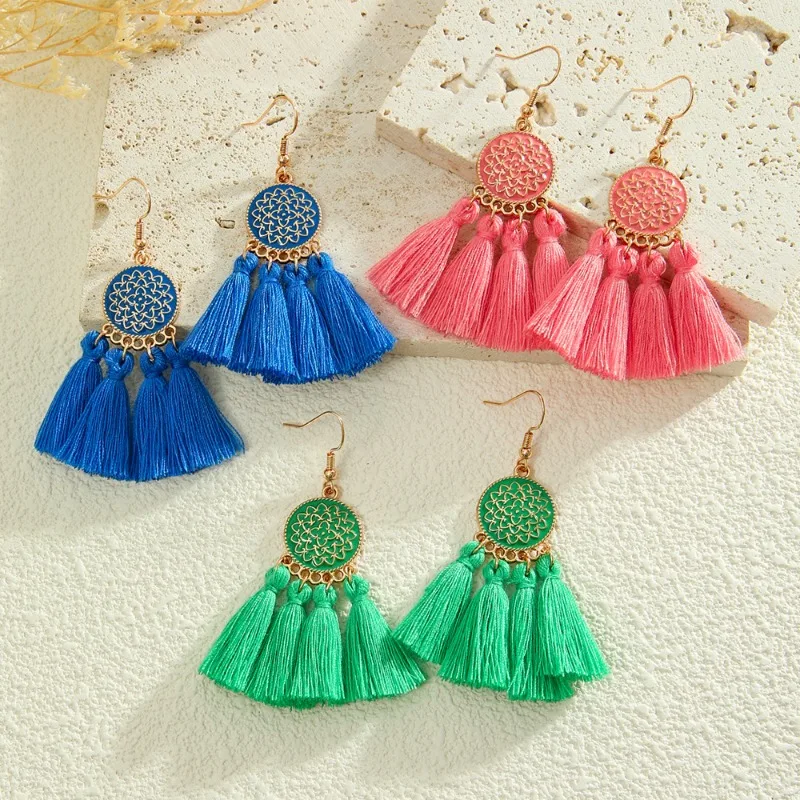 Summer Colorful Tassel Earrings Women Lotus Flower Carved Round Geometric Bohemian Earrings Beach Vacation Style Jewelry 3 Pairs
