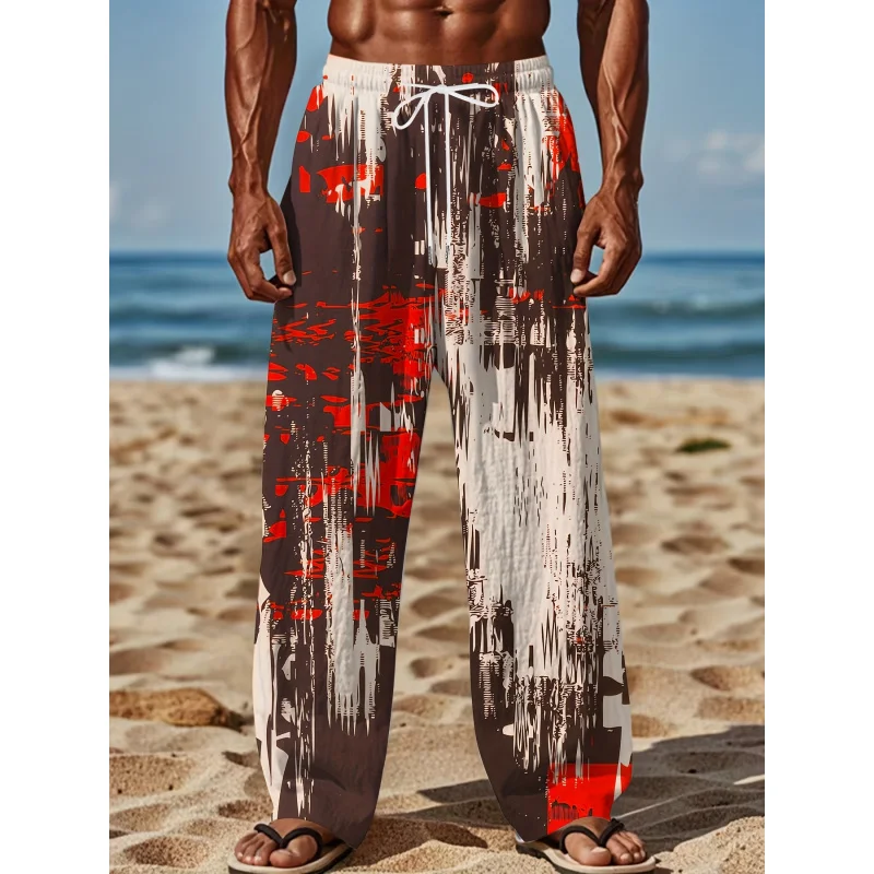 Pantalon rétro ample à jambes droites pour hommes, avec imprimé abstrait, décontracté, avec cordon de serrage, parfait pour les activités de plein air d'été, 2025