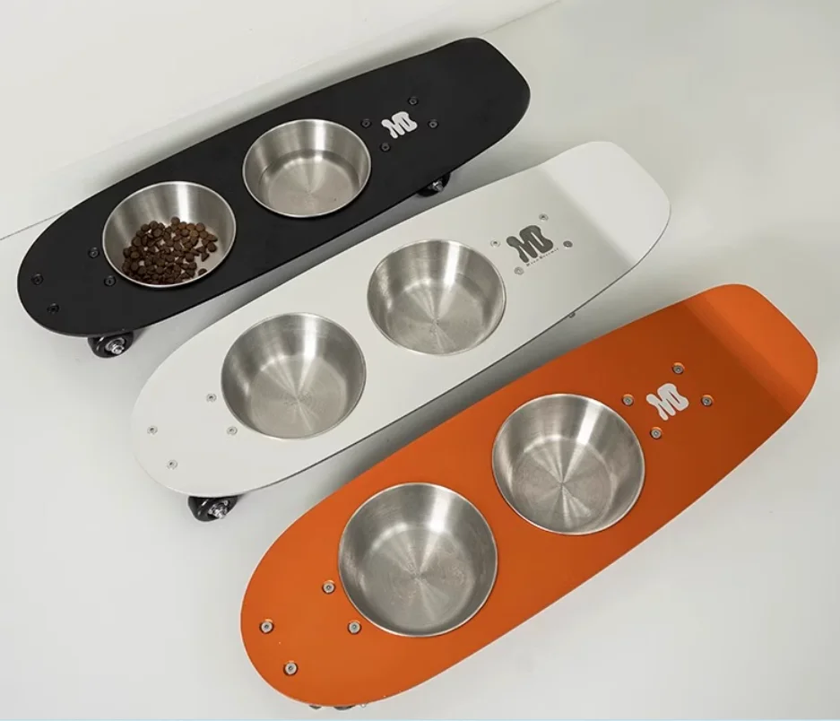 

2025 Новый дизайн, роскошная толстая основа, портативная миска для кормления для собак и кошек из нержавеющей стали, оптовая продажа, миска для домашних животных для скейтборда