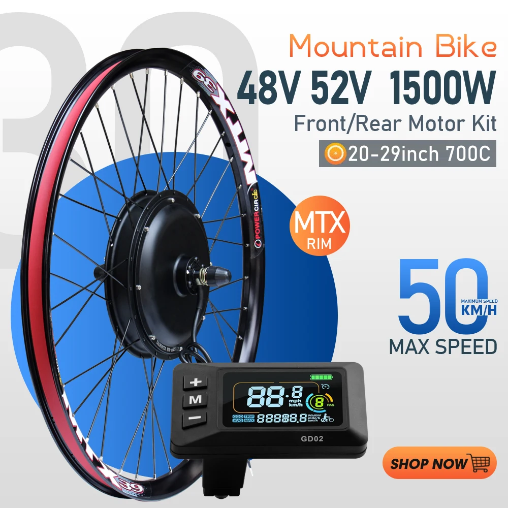 

MTX Rim 52 В 1500 Вт Комплект для переоборудования электрического велосипеда 48 В 1500 Вт Бесщеточный двигатель втулки заднего колеса для комплекта для переоборудования электровелосипеда 20-29 дюймов 700C