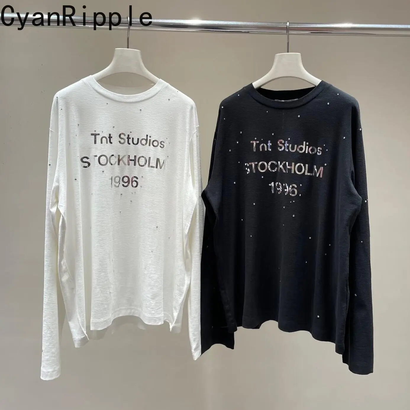 Fashionable New Autumn Long Sleeve Women T-shirt 1996 Hot Diamonds Sequins Round Neck Couple Top Round Neck Pullovers Casual Tee