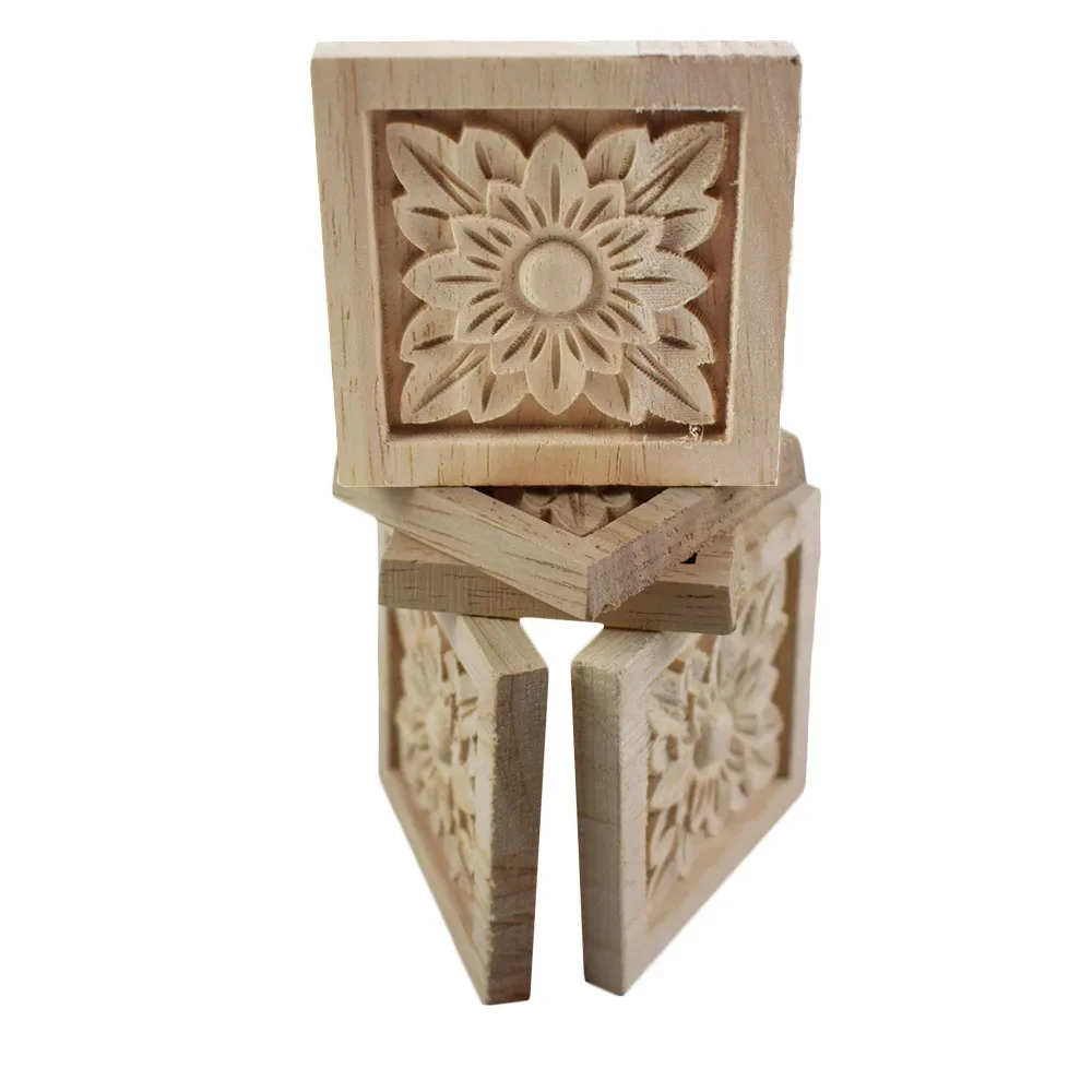 4PCS Flower Carving Natural Wood Appliques for Furniture Cabinet Unpainted Wooden Mouldings Decal House Decoration Figurines