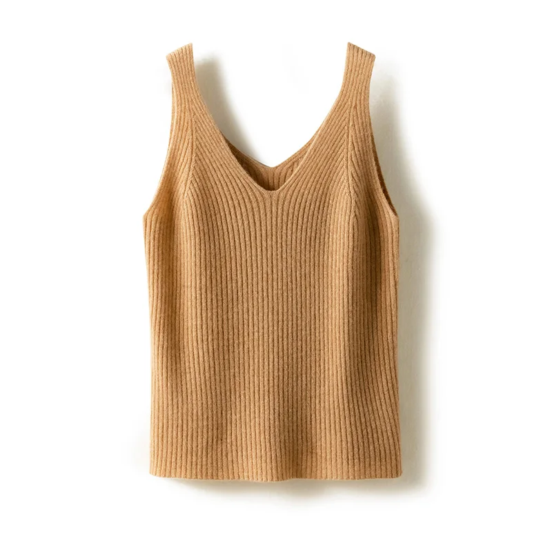 New Women Sexy 100% Cashmere High Elasticity Vest Crop Fashion Tops V-Neck Tank Soft Warm Ladies Knit Camisole Bottoming