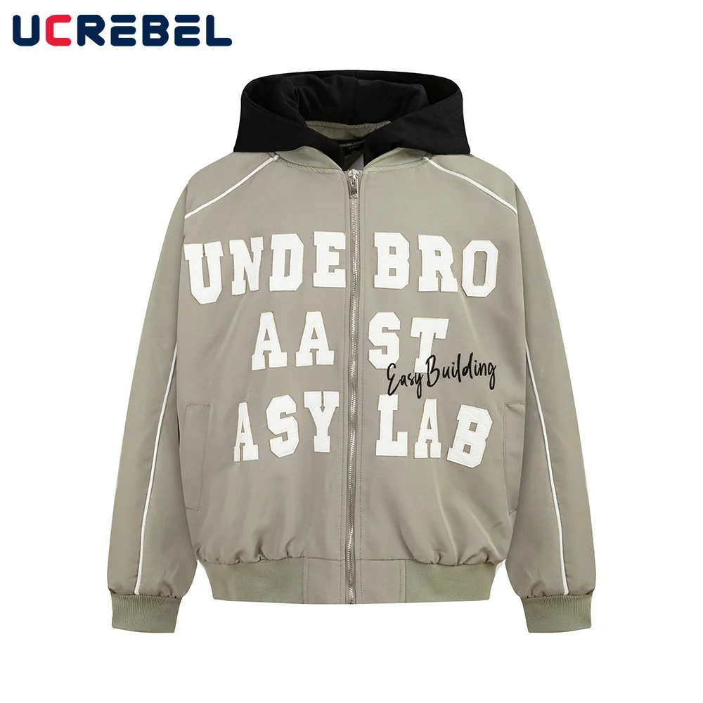 

Patch Letter Spliced Hooded Jacket Mens Embroidery High Street Autumn Loose Long Sleeve Outerwear Men