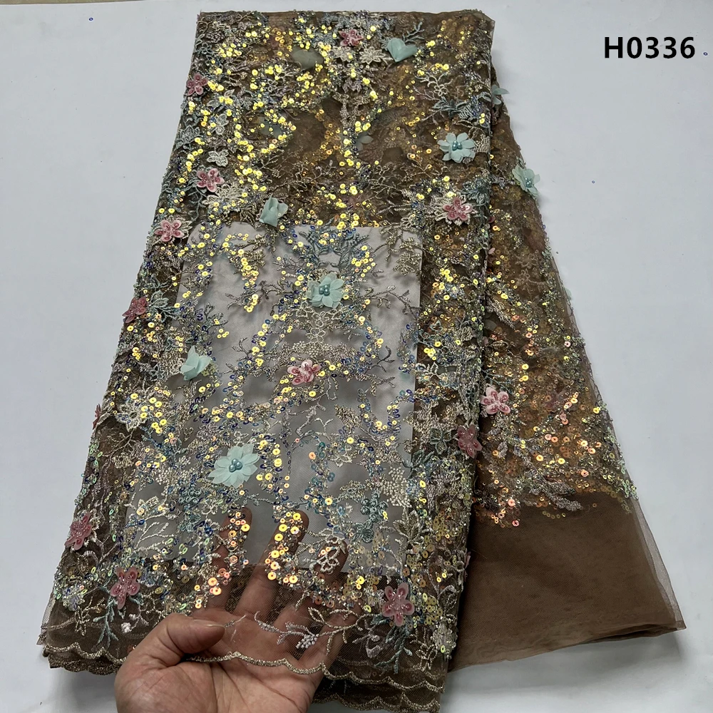 

2024 African Nigeria High Quality Sequins Tulle Lace Fabric Embroidery Wedding Party Guipure Dress Beads Stone 5Yards H0336