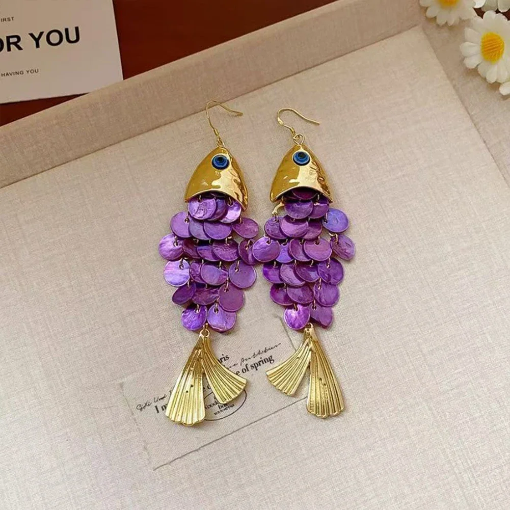 Blue Ambient Fish Scale Tassel Drop Earring Delicate Ladies Dangle Ear Accessory Round Sheet Small Fish Design